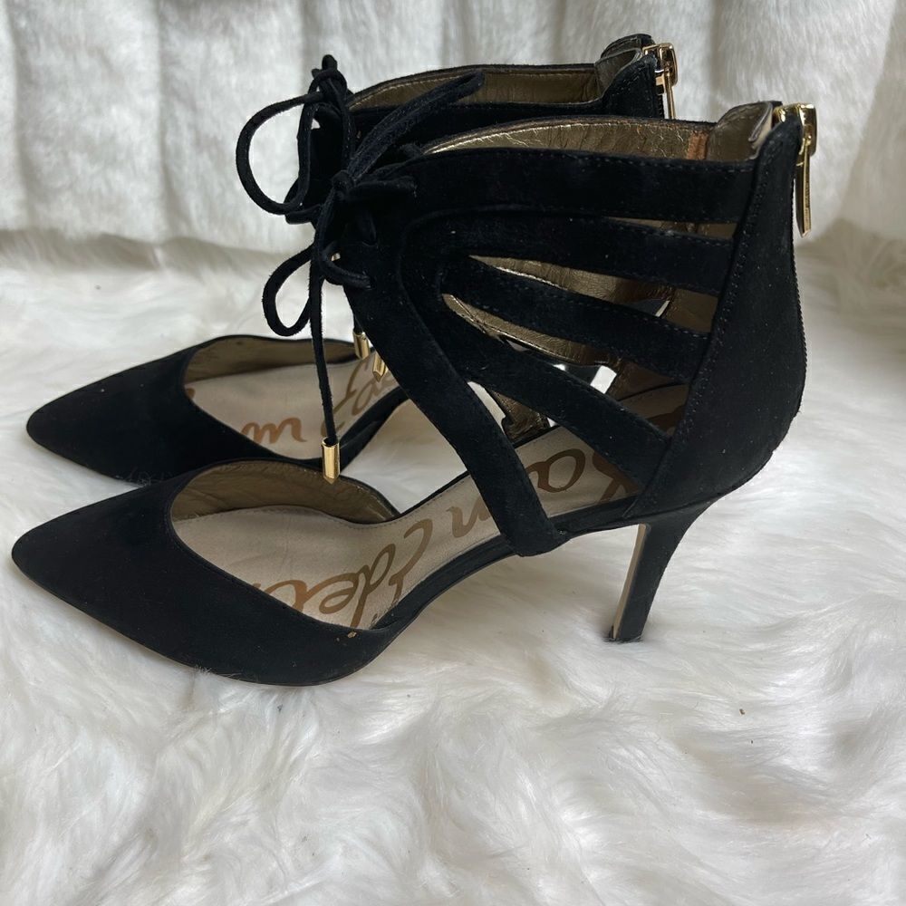 Sam Edelman black leather suede ankle lace up heels with back zipper size 8M
